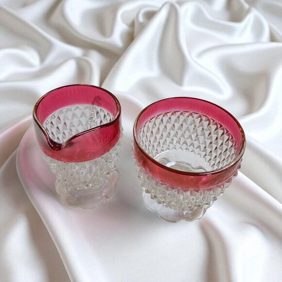 Vintage Indiana Glass Ruby Diamond Point Creamer & Sugar Set – Mid Century - Picture 5 of 11
